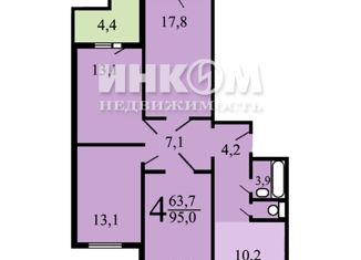 Продам четырехкомнатную квартиру, 93.7 м2, Москва, Изюмская улица, 28к1, станция Бутово