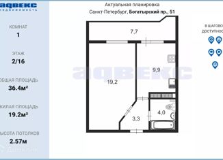 Продажа однокомнатной квартиры, 36.4 м2, Санкт-Петербург, Богатырский проспект, 51к1, Приморский район