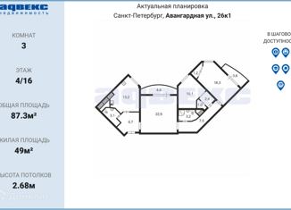 Продается трехкомнатная квартира, 87.3 м2, Санкт-Петербург, Авангардная улица, 26к1, Авангардная улица