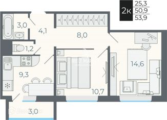 Продается двухкомнатная квартира, 53.9 м2, Новосибирск, Каспийская улица, 1, Каспийская улица