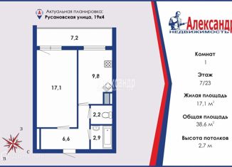 Продается 1-комнатная квартира, 38.6 м2, Санкт-Петербург, Русановская улица, 19к4, Невский район