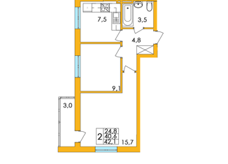 Продаю 2-комнатную квартиру, 42.2 м2, Уфа, улица Лётчика Кобелева, 3/2, ЖК Акварель