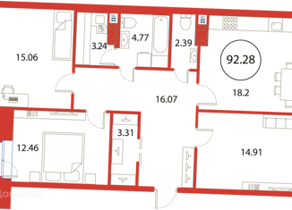 Продажа трехкомнатной квартиры, 92.28 м2, Санкт-Петербург, Плесецкая улица, 2, ЖК Ариосто