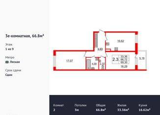 Продам 2-ком. квартиру, 66.8 м2, Санкт-Петербург, улица Александра Матросова, 3, ЖК Притяжение