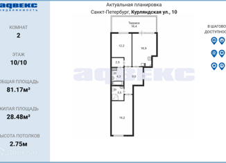2-комнатная квартира на продажу, 81 м2, Санкт-Петербург, Курляндская улица, 10, муниципальный округ Екатерингофский