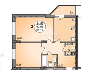 2-комнатная квартира на продажу, 64 м2, Новосибирск, ЖК Гурьевский