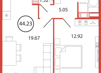 Продам 1-ком. квартиру, 44.23 м2, поселок Бугры, аллея Ньютона, 2, ЖК Энфилд