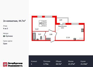 Продажа 1-ком. квартиры, 44.7 м2, Санкт-Петербург, улица Струве, 4, метро Купчино