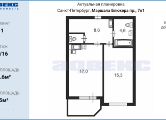 Продаю 1-ком. квартиру, 46.6 м2, Санкт-Петербург, проспект Маршала Блюхера, 74к2с3, метро Ладожская