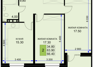 2-комнатная квартира на продажу, 66.4 м2, поселок Южный, Дозорная улица, 3