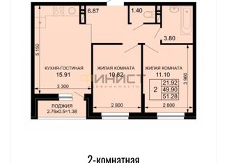 Продается 2-ком. квартира, 51.28 м2, Краснодар, Византийская улица, 6, ЖК Европа-Сити