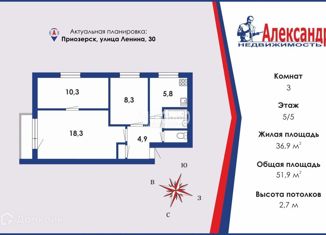 Продам 3-комнатную квартиру, 51.9 м2, Приозерск, улица Ленина, 30