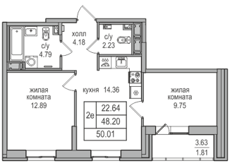 Продается 2-ком. квартира, 49.8 м2, посёлок Парголово