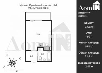 1-комнатная квартира на продажу, 21.4 м2, Мурино, Ручьёвский проспект, 3к2