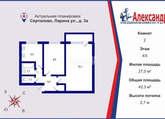 Продается 2-комнатная квартира, 42.3 м2, Ленинградская область, улица Ларина, 3А