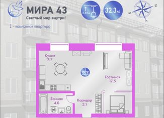 Продам квартиру студию, 32.3 м2, Минусинск, улица Мира, 43