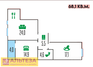 Продаю 2-ком. квартиру, 68.1 м2, Калининград, ЖК Арт Квартал, Мирная улица, 1