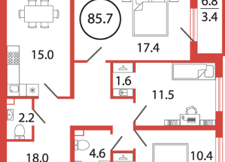 Продам 3-ком. квартиру, 85.7 м2, поселок Бугры, Чайная улица, 2