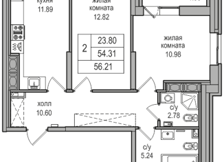 2-комнатная квартира на продажу, 55.5 м2, посёлок Парголово, Заречная улица, 52к2