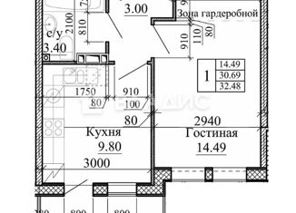 Продаю 1-комнатную квартиру, 30.69 м2, Колпино