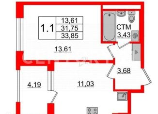 1-ком. квартира на продажу, 31.8 м2, посёлок Стрельна