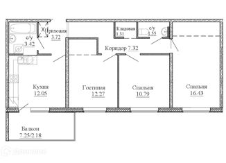 3-комнатная квартира на продажу, 76.11 м2, Колпино, Рубежное шоссе, 12