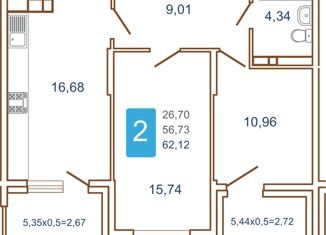 Двухкомнатная квартира на продажу, 66.65 м2, Краснодар, улица Кирилла Россинского, 3/1