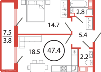 Однокомнатная квартира на продажу, 47.4 м2, поселок Бугры, Чайная улица, 2, ЖК Энфилд