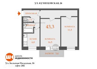 Продажа двухкомнатной квартиры, 43.3 м2, Санкт-Петербург, Кузнецовская улица, 24