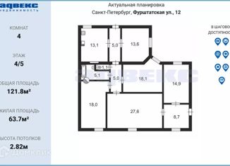 Продается четырехкомнатная квартира, 121.8 м2, Санкт-Петербург, Друскеникский переулок, 4