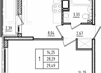 1-комнатная квартира на продажу, 29.49 м2, Мурино, Воронцовский бульвар, ЖК Краски Лета