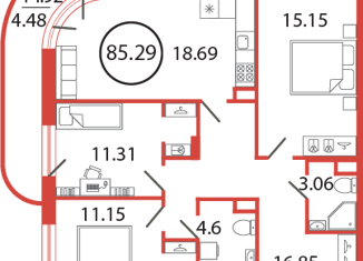 3-ком. квартира на продажу, 85.29 м2, поселок Бугры, ЖК Энфилд, Чайная улица, 4