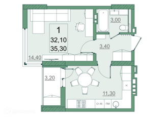 1-комнатная квартира на продажу, 32.1 м2, Саратов, проспект Героев Отечества, 3, ЖК Мята