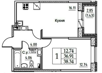 Продается 1-ком. квартира, 38.34 м2, Санкт-Петербург, Гудиловская улица, 9, метро Пролетарская