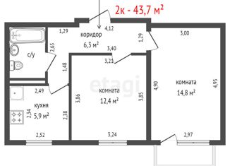 2-комнатная квартира на продажу, 42.8 м2, Екатеринбург, улица Металлургов, 6, метро Площадь 1905 года