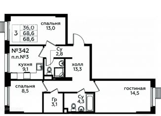 Продам 3-комнатную квартиру, 69 м2, деревня Столбово, проспект Куприна, 32к2, ЖК Южное Бунино