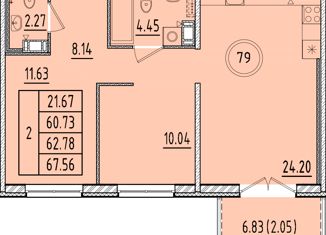 Продаю 2-комнатную квартиру, 60.73 м2, посёлок Шушары, Образцовая улица, 6к3, ЖК Образцовый Квартал 8