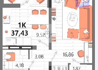 Однокомнатная квартира на продажу, 37.43 м2, поселок городского типа Заозерное, улица Аллея Дружбы, 2Д