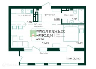 Продажа 1-комнатной квартиры, 44 м2, Барнаул, проспект Строителей, 18к1, Железнодорожный район