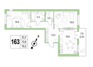 2-комнатная квартира на продажу, 76 м2, Санкт-Петербург, проспект Патриотов, 35, метро Проспект Ветеранов