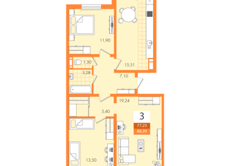 Продажа трехкомнатной квартиры, 86.39 м2, Саратов, улица имени Б.Н. Ерёмина, 16, жилой район Солнечный-2