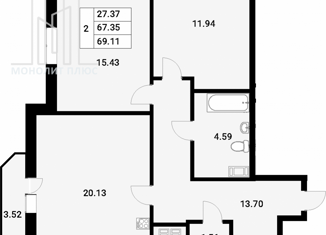 Двухкомнатная квартира на продажу, 67.35 м2, Мурино, Екатерининская улица, 10, ЖК Три кита