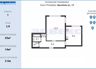 Продаю однокомнатную квартиру, 33 м2, Санкт-Петербург, муниципальный округ № 54, улица Крыленко, 13к1