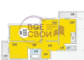 Продажа 3-комнатной квартиры, 90 м2, Краснодар, улица имени Николая Семеновича Котлярова, 22, микрорайон Московский