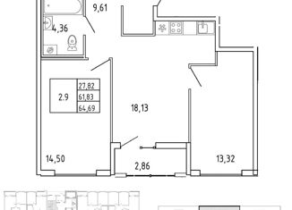 Продам 2-ком. квартиру, 61.9 м2, деревня Новосаратовка, улица Первых, 2к3