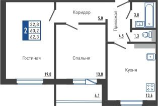 Продается 2-комнатная квартира, 62.6 м2, Орёл, Прожекторная улица, 2, Заводской район