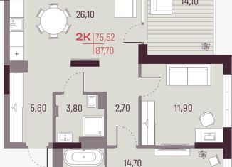 Продам 2-ком. квартиру, 87.7 м2, Екатеринбург, улица Академика Парина, 16/3, Академический район