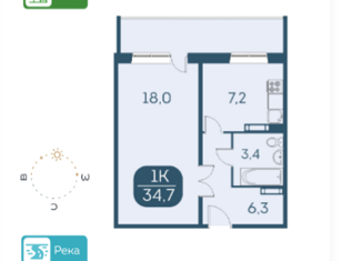 Продам 1-комнатную квартиру, 34.7 м2, Новосибирск, Междуреченская улица, 5/3, ЖК Аквамарин