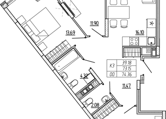 Продаю трехкомнатную квартиру, 74.22 м2, Санкт-Петербург, улица Беринга, 27к4, улица Беринга