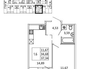 Продам 1-комнатную квартиру, 34.6 м2, Ленинградская область, Тихая улица, 5к3